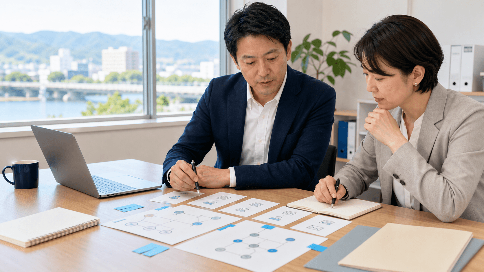 地方企業の担当者2人がノートPCと業務フローのカードを見ながら、AI導入前の承認フローを整理している様子