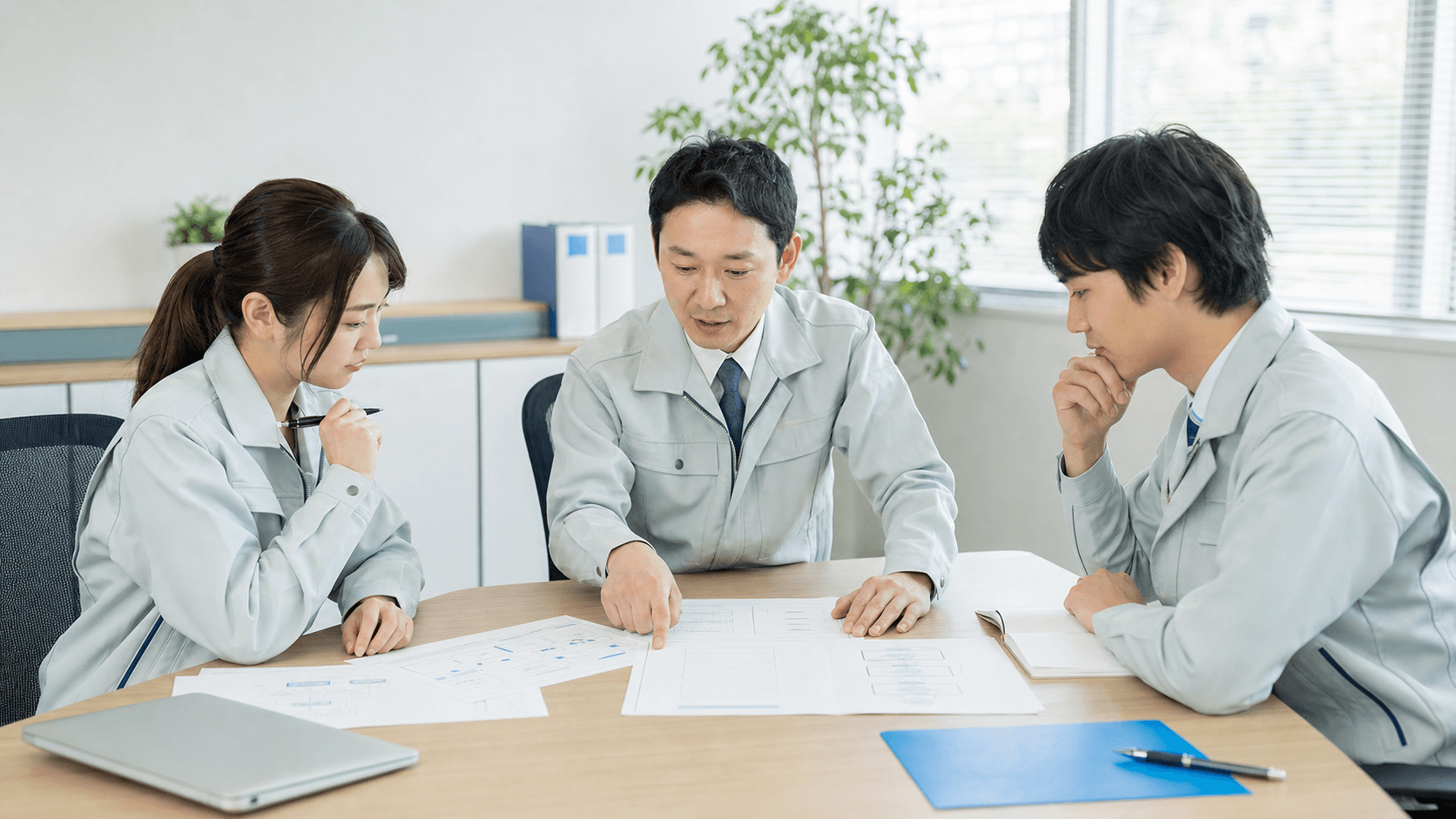 地方企業の会議室で担当者3人が紙のチェックリストと業務資料を見ながら生成AI利用ルールを確認している様子