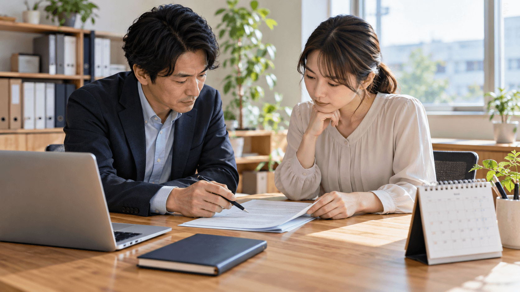明るいオフィスで、二人の担当者がノートPCの横に置いた印刷資料と日付入りの卓上カレンダーを見ながら、社内向けの案内内容を確認している様子