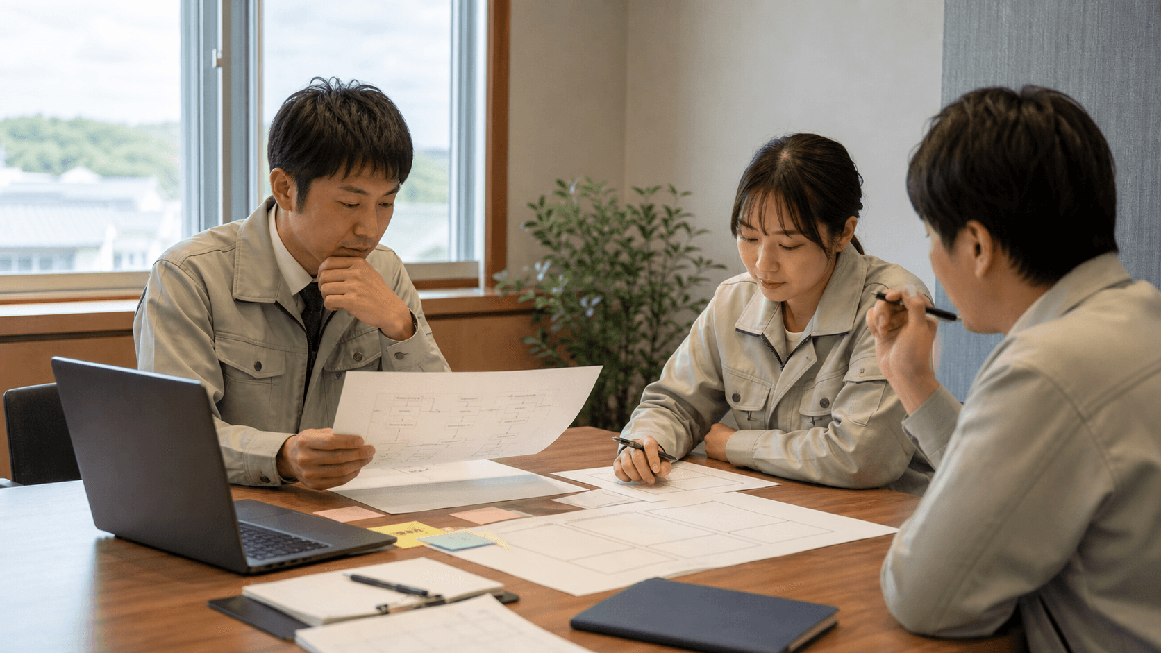 地方企業の会議室で、3人の担当者がノートPCと印刷資料を囲みながら、生成AI研修前に使う業務テンプレートを整理している様子