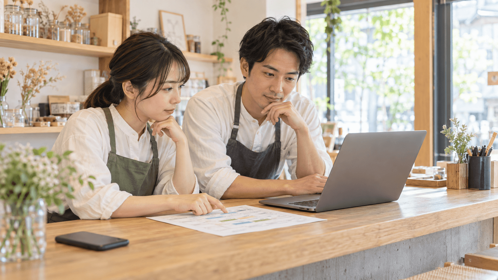 明るい店舗のカウンターで、二人のスタッフが営業時間表とノートPCを見ながら情報を確認している様子