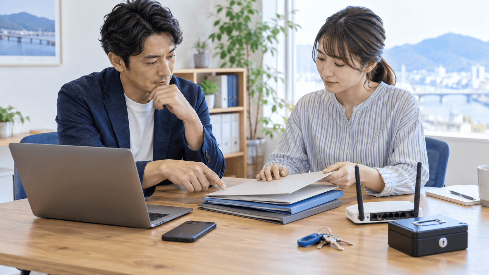 徳島の中小企業の担当者2人がパソコン、書類、通信機器、鍵付きケースを机に並べてWeb資産の管理状況を確認している様子