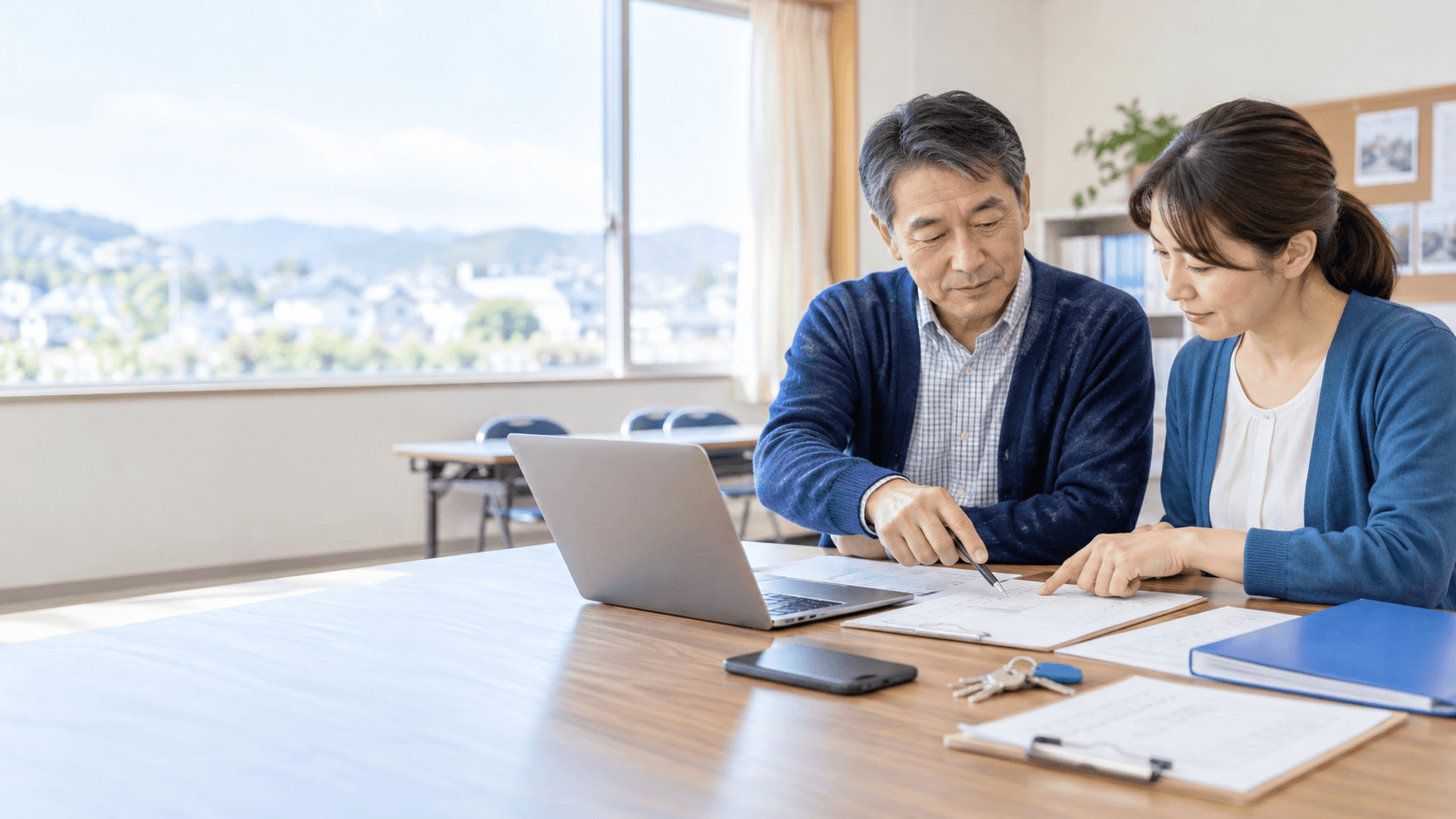 地域団体の引き継ぎで、二人の担当者がノートパソコンと書類を確認している様子