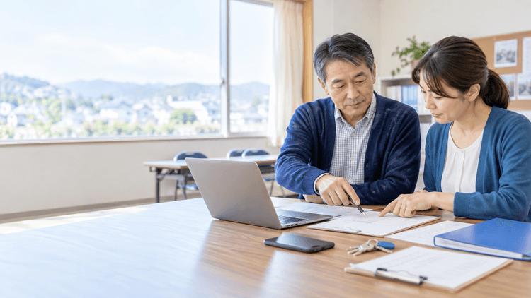 地域団体の引き継ぎで、二人の担当者がノートパソコンと書類を確認している様子