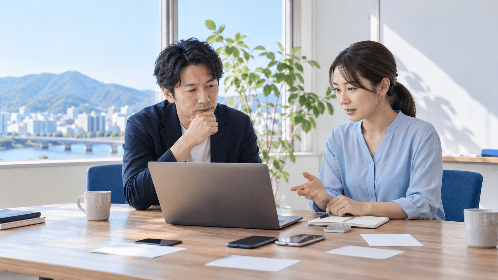明るい地方企業の会議室で、研修担当者がノートパソコンとスマートフォン、無記名の資料を並べて利用環境を確認する様子