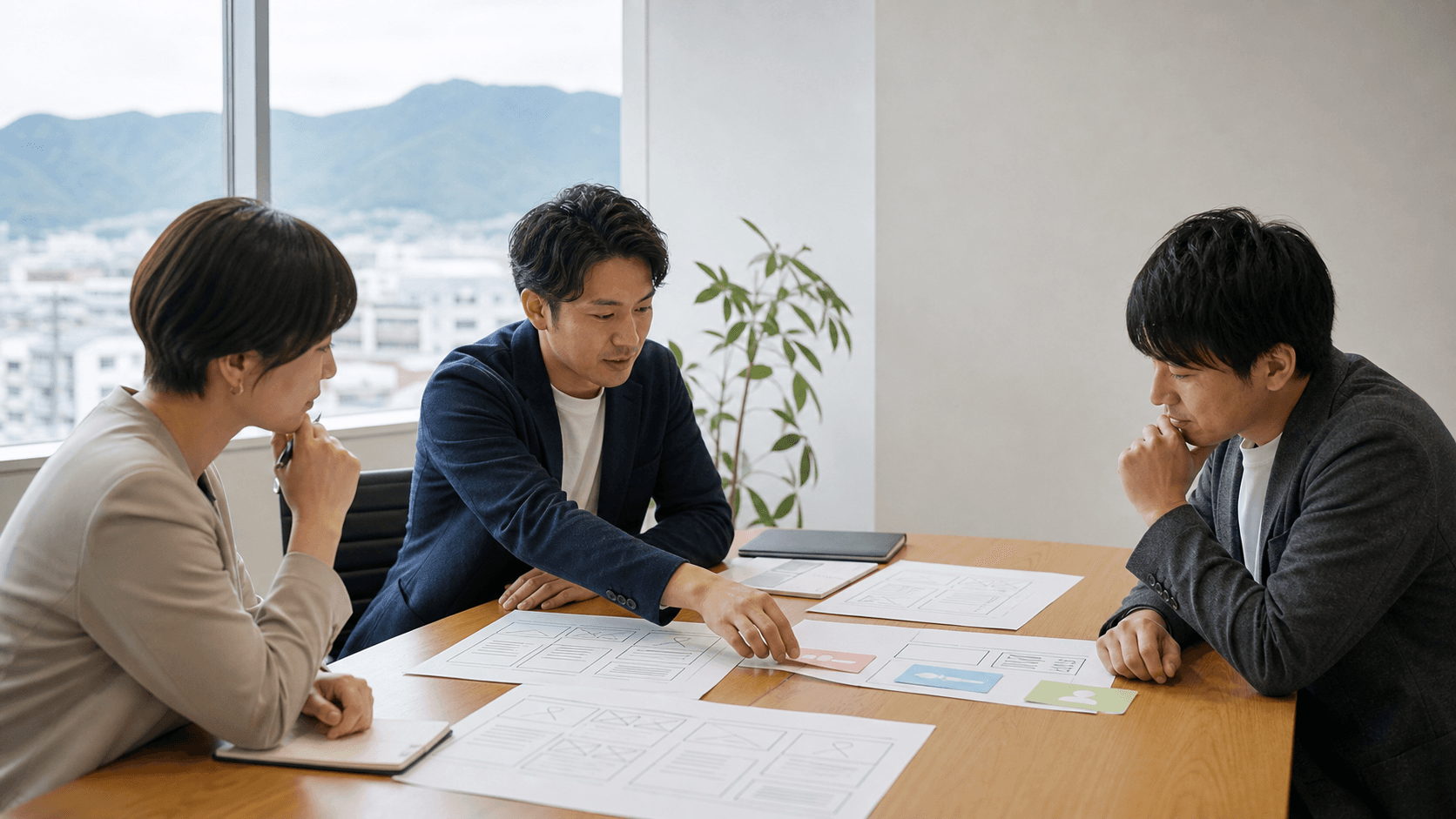 会議テーブルで3人の担当者が、ホームページの導線設計用シートと色分けされたカードを見ながら相談している様子