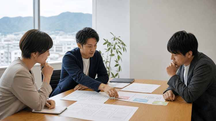 会議テーブルで3人の担当者が、ホームページの導線設計用シートと色分けされたカードを見ながら相談している様子