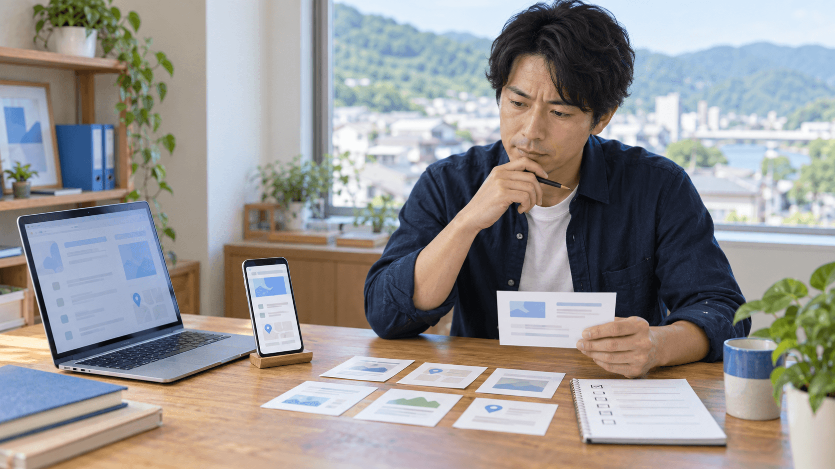 徳島の地方企業の担当者が、ノートパソコンとスマートフォン、複数の資料を見比べて会社情報の違いを確認する様子