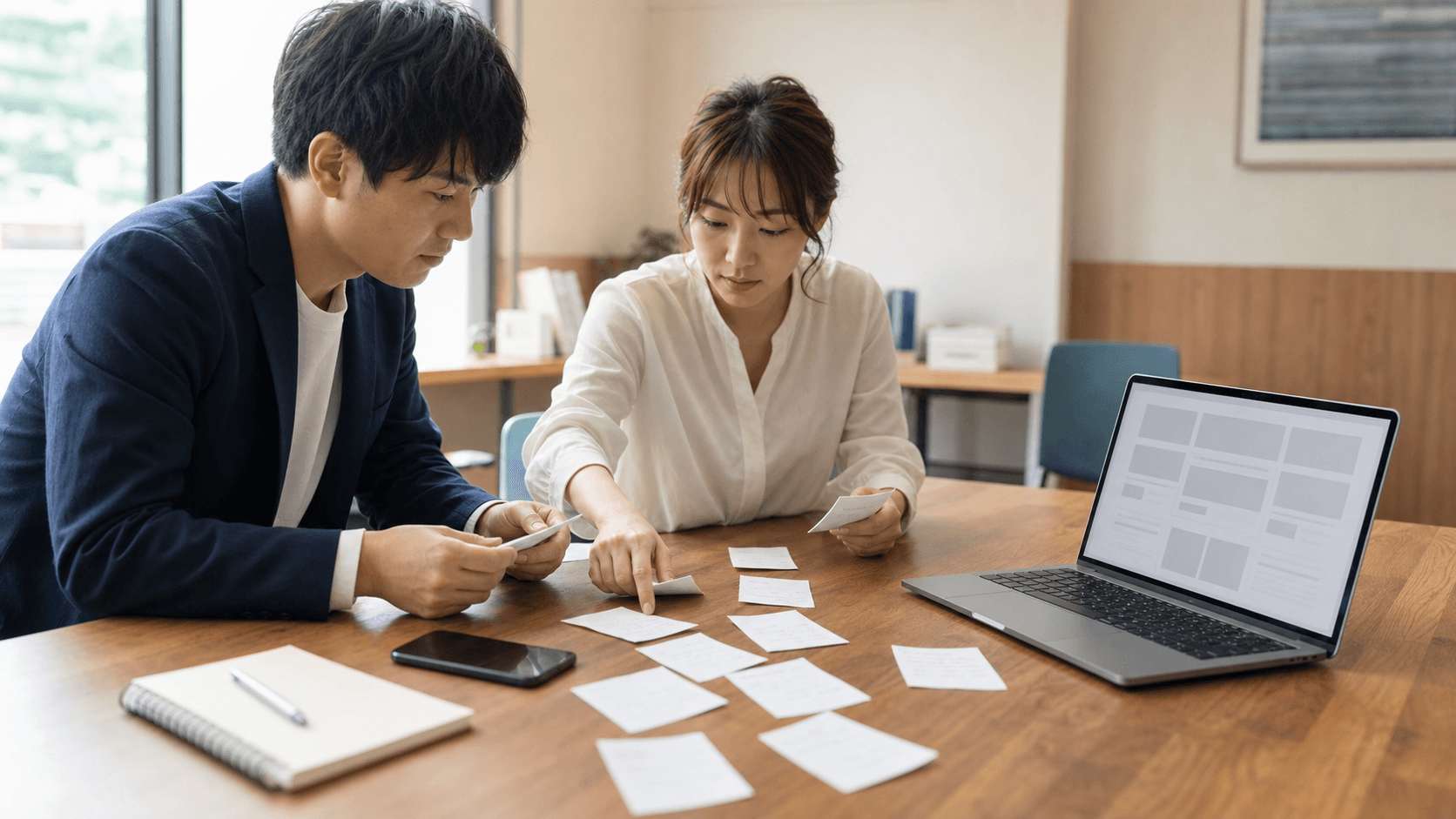 地域企業の担当者2人が、会議テーブルでメモに書かれた質問を整理しながら、ホームページ原稿の準備を話し合っている様子