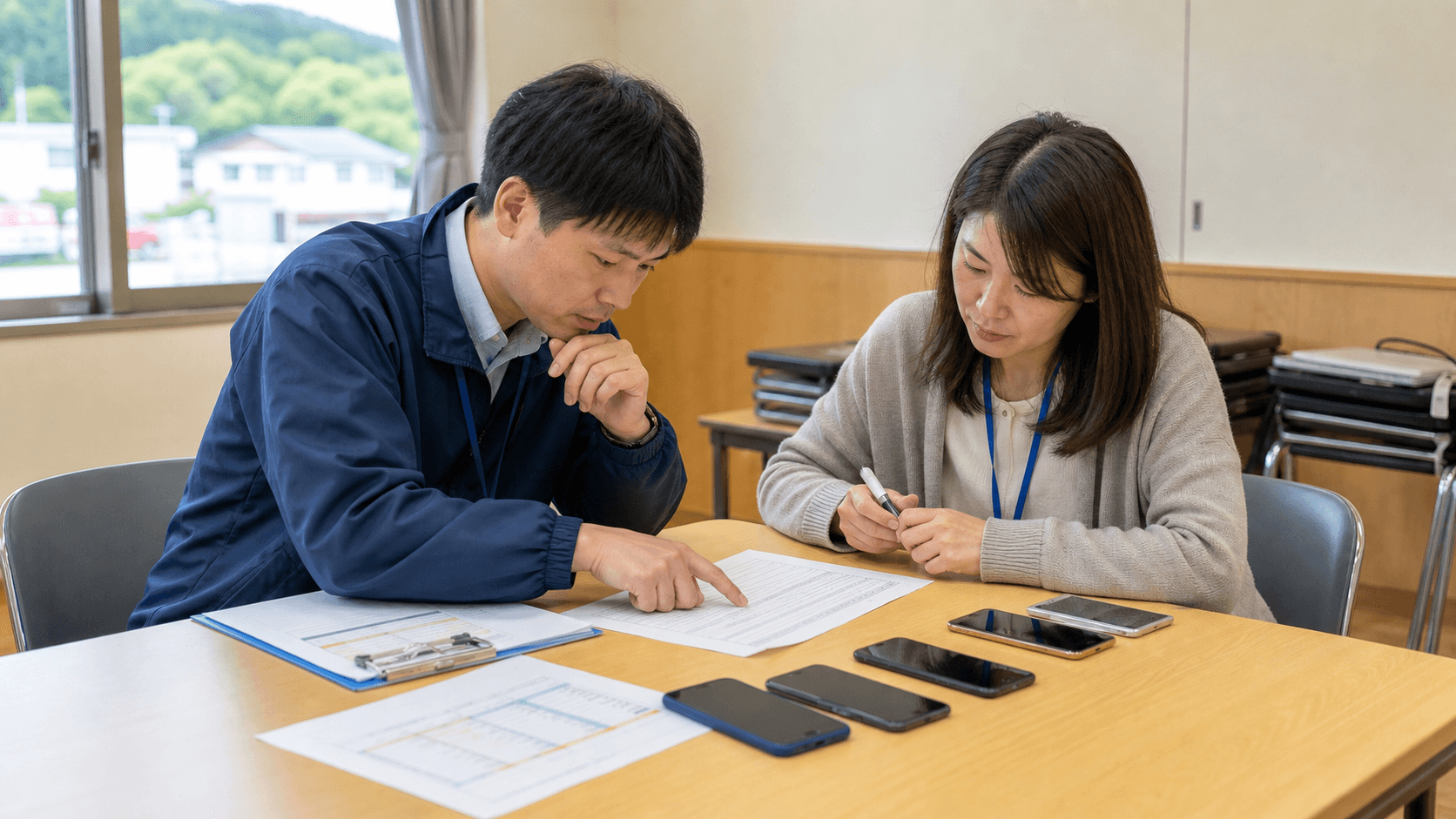 地域の講座準備をする担当者2人が、スマートフォン数台と無地の案内用紙を机に広げ、募集要項を確認している様子