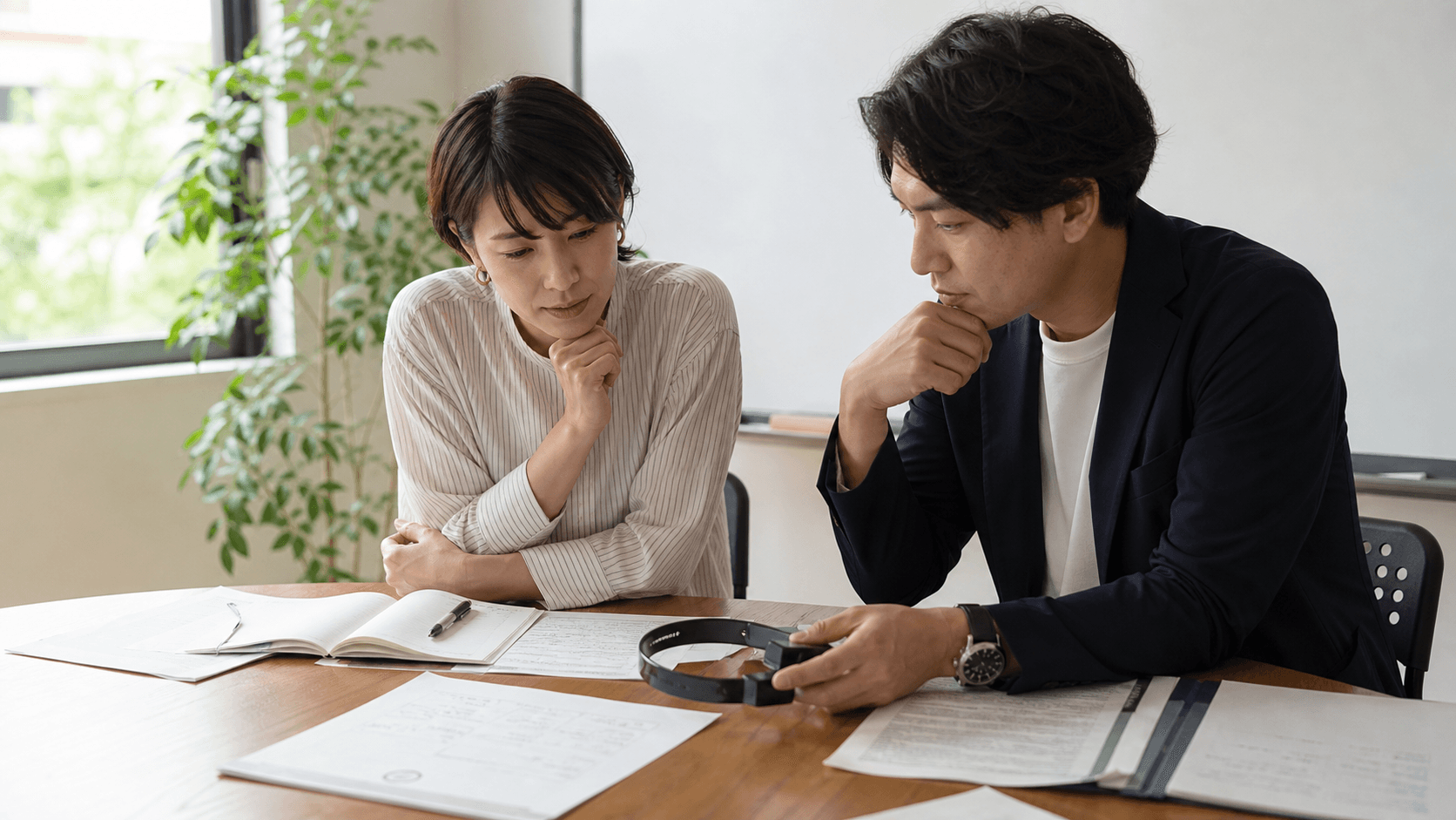 学校や企業の担当者2人が、脳波ヘッドバンドと印刷資料を机上に置き、体験会の説明文と同意ルールを確認している様子