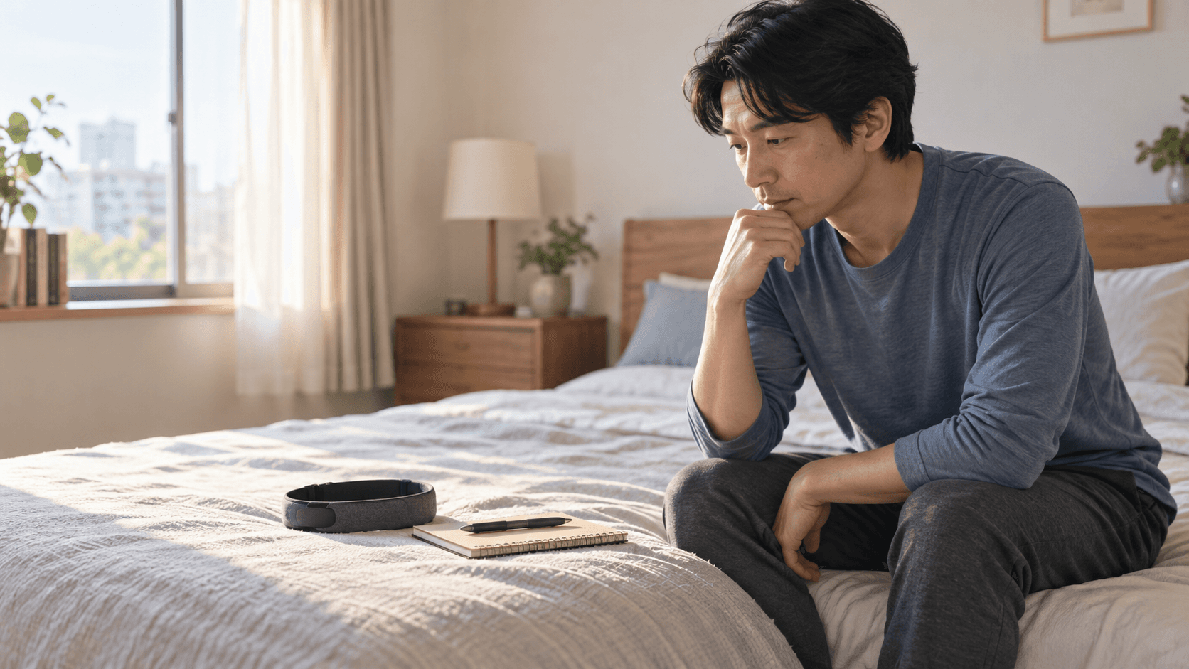 朝の寝室で、ベッド脇の無地の睡眠計測ヘッドバンドとノートを前に、一人の大人が落ち着いて記録を見直している様子