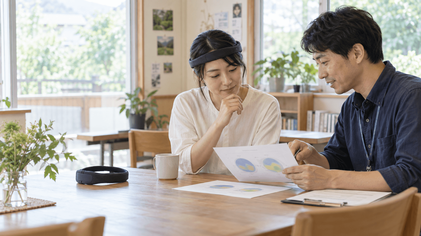 地域の脳波体験会で参加者が短い課題の前後をスタッフと落ち着いて振り返っている様子