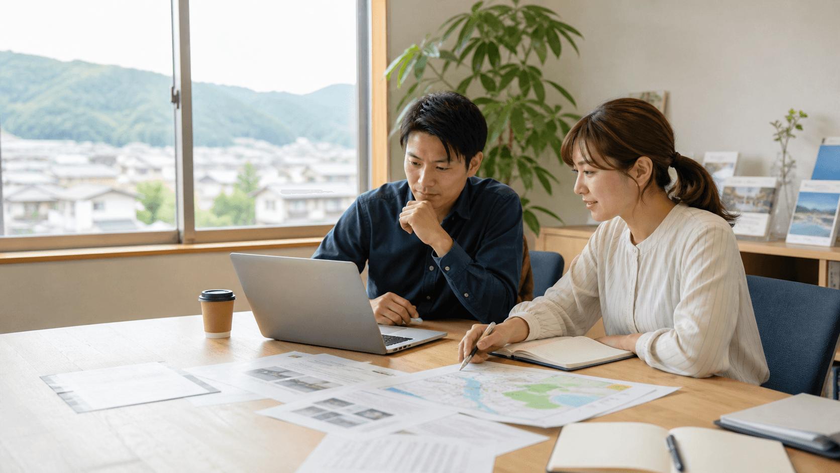 地域のイベント準備をする担当者2人が、ノートPCと無地の案内資料、会場地図を机に広げて確認している様子