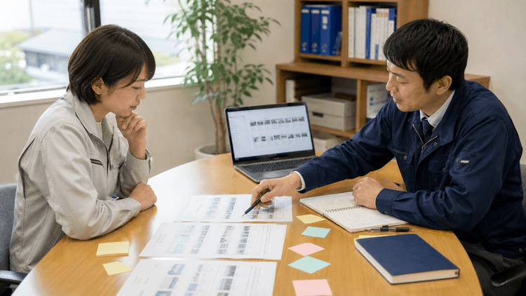 地域の事業者2人がノートPCと印刷したサイト一覧を見ながら、古いお知らせと終了済みイベント情報の整理方針を確認している様子