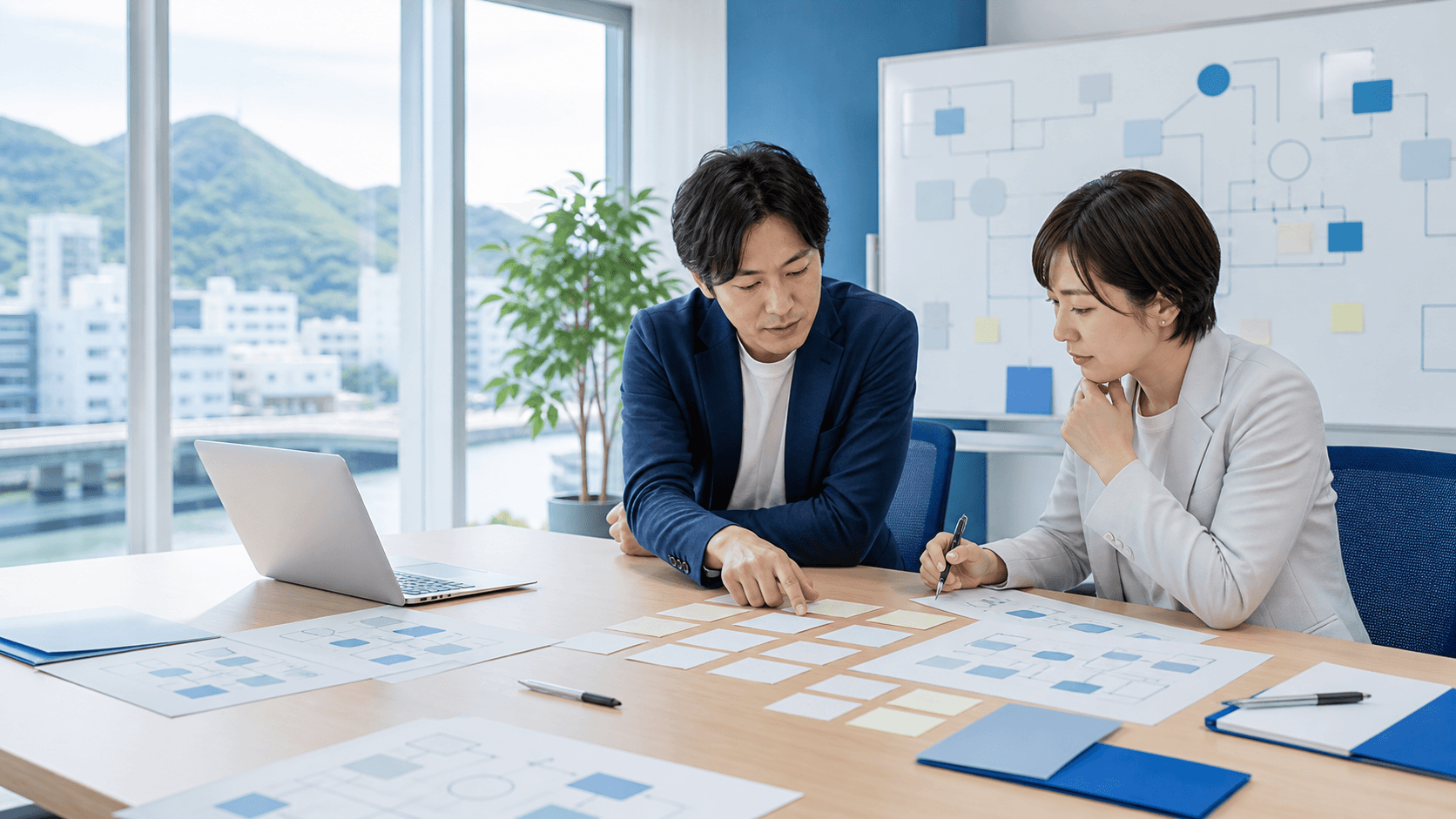地方企業の会議室で、担当者2人がカードや資料を見ながら社内用語の整理方針を話し合っている様子