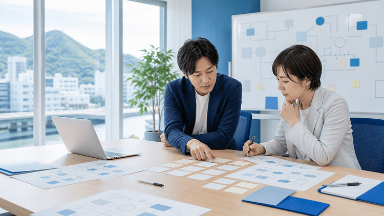 地方企業の会議室で、担当者2人がカードや資料を見ながら社内用語の整理方針を話し合っている様子