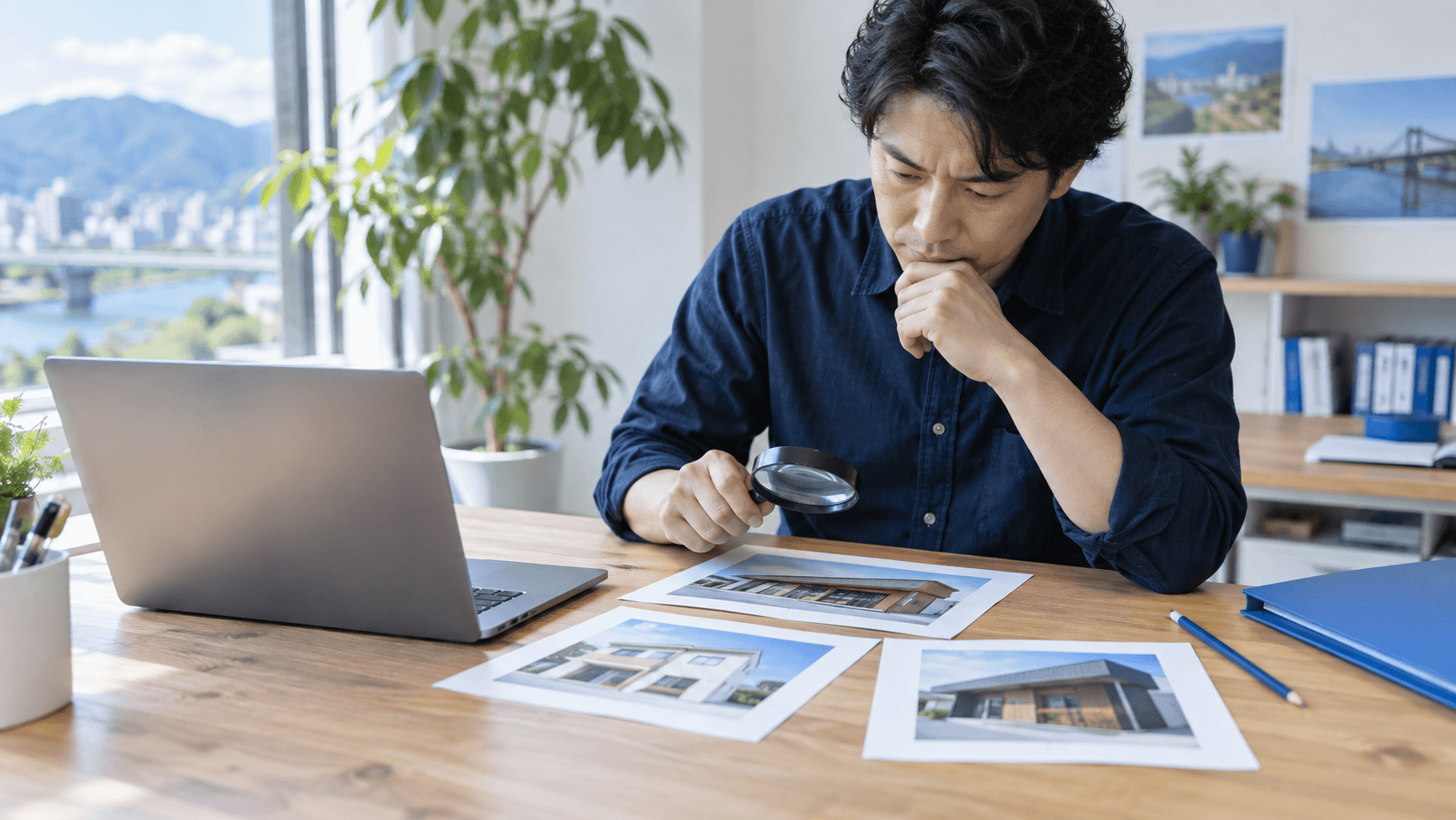明るいオフィスの机で担当者がノートPCの横に資料を並べ、虫眼鏡で写真を確認している様子