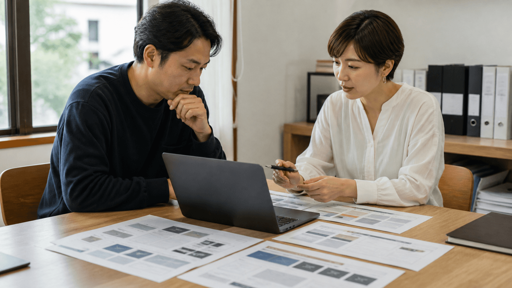 地域企業の担当者2人が、ノートPCと印刷したWebページ案を見ながら、問い合わせ後の進み方を話し合っている様子