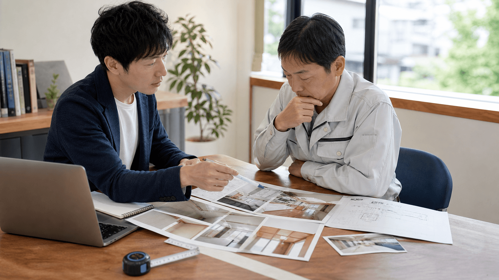 施工事例写真と図面を見ながらホームページの優先順位を相談する工務店担当者