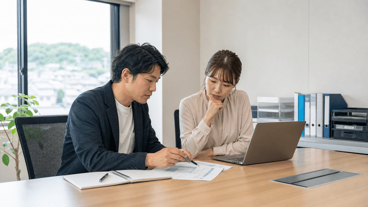 地方企業の会議室で2人の担当者がノートPCと配布資料を見ながら、AI議事録ツール導入前の会議ルール整理を相談している様子
