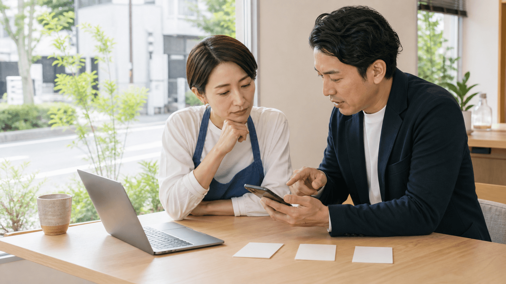 徳島の店舗担当者とWeb支援者が、ノートパソコンの横で実機スマートフォンの来店・予約導線を確認している様子