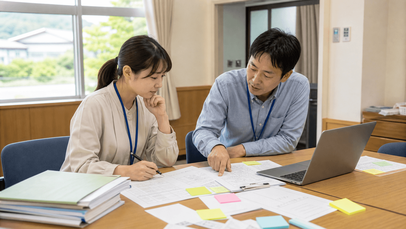 地域団体の会議室で、担当者2人が紙の申込書とノートPCを見比べながら、AI-OCR導入前の項目整理を相談している様子