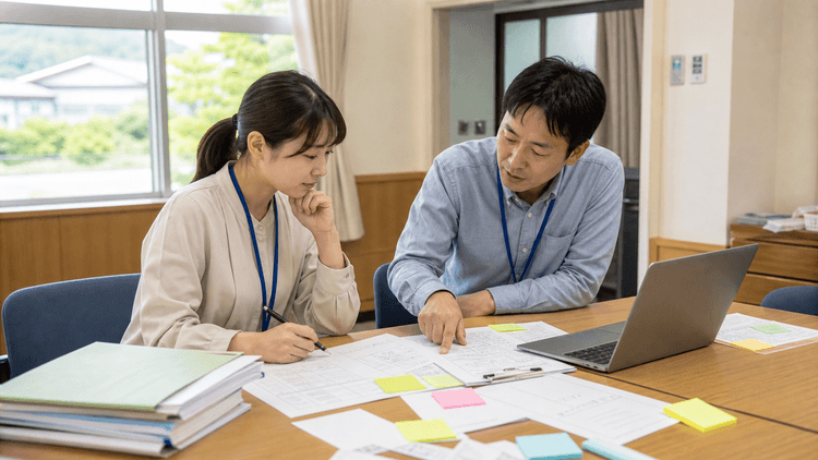 地域団体の会議室で、担当者2人が紙の申込書とノートPCを見比べながら、AI-OCR導入前の項目整理を相談している様子