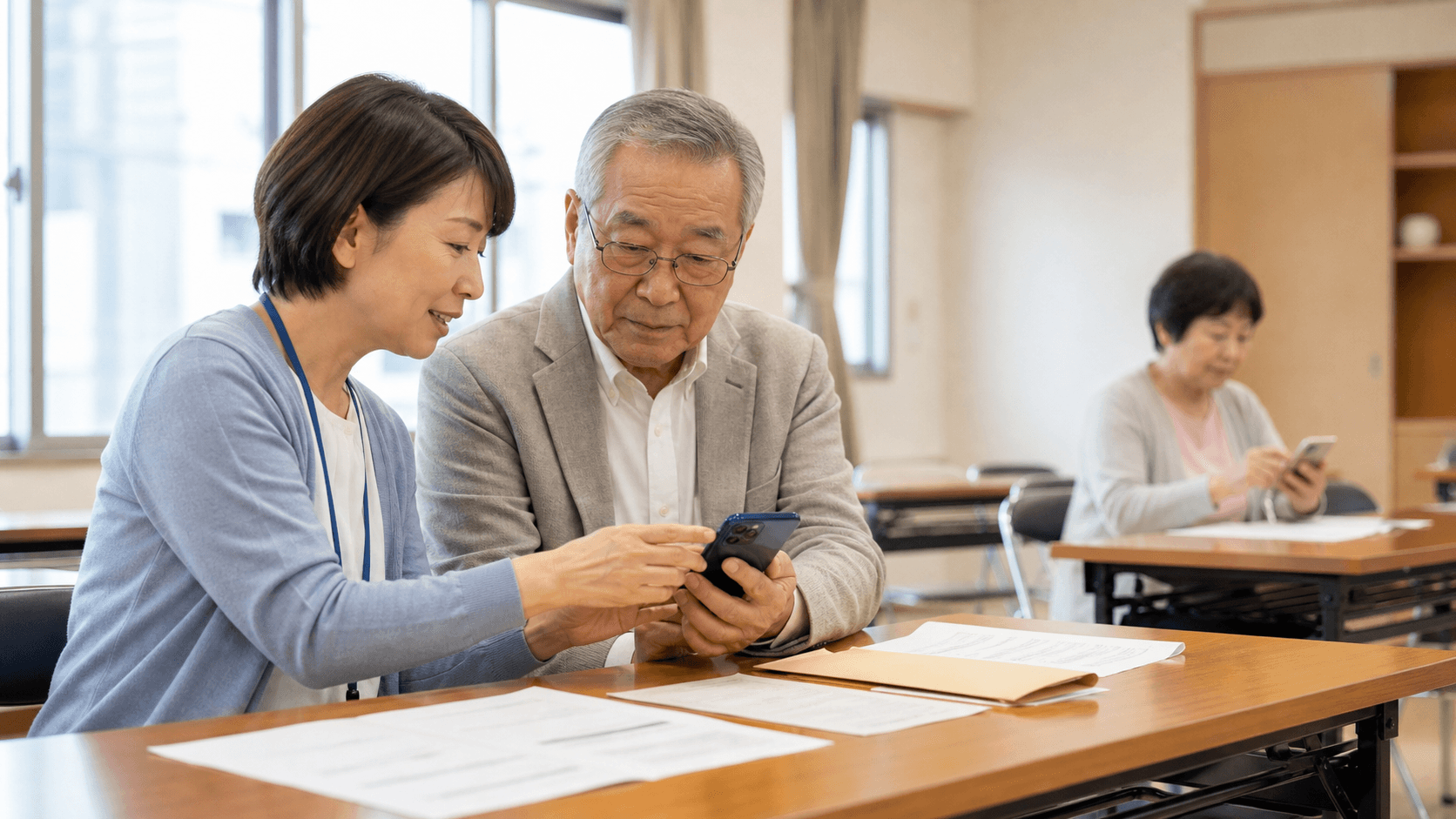 地域の会議室で、スマホ教室の主催者が高齢の参加者とスマートフォンや封筒入り書類を見ながら、講座前の準備を確認している様子
