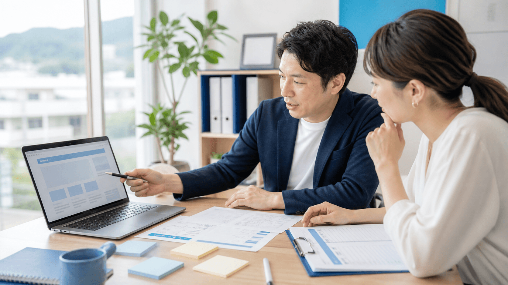地方企業の担当者2人が、ノートPC上のサービスページ下書きと見積もり資料を見ながら、料金が変わる条件を整理している様子