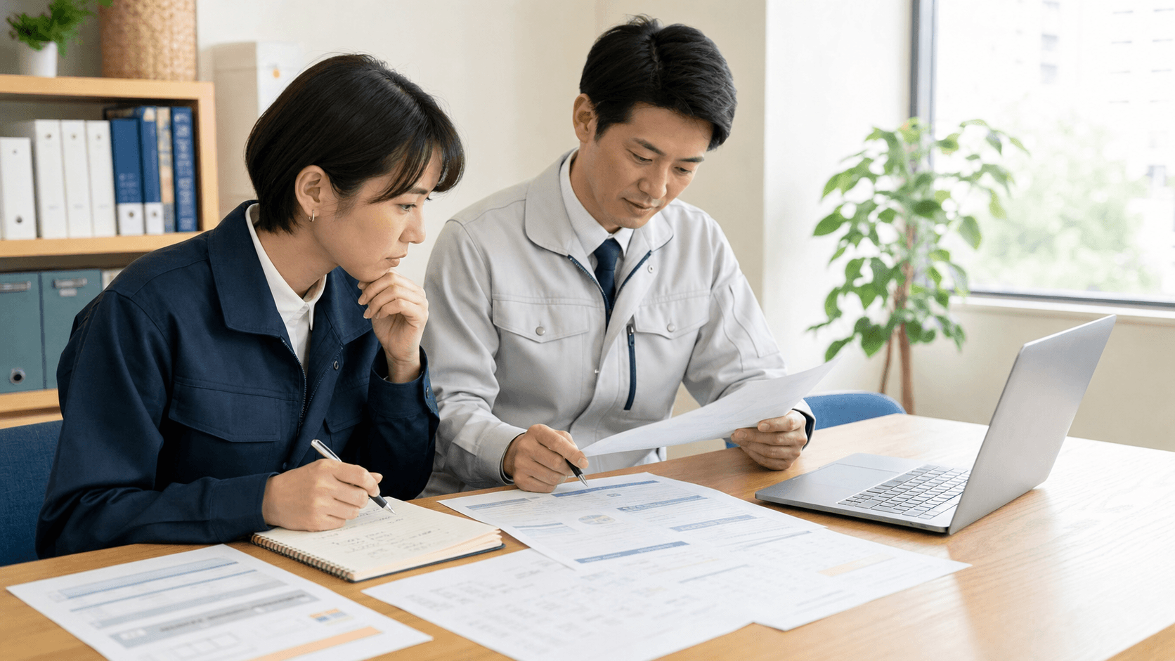 地域企業の担当者2人が、紙の見積書とノートPCを見ながら、料金条件の整理を相談している様子