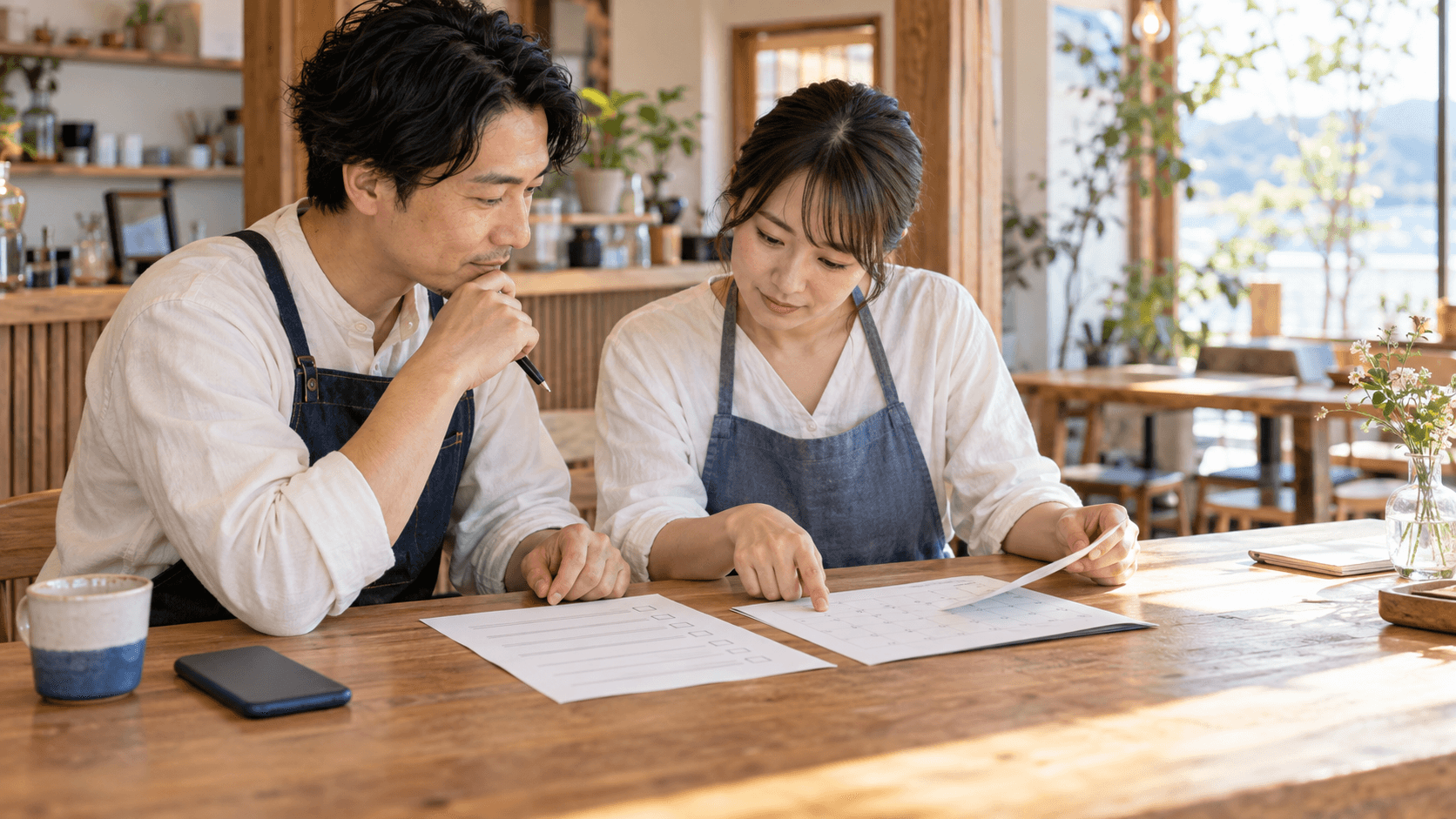 明るい店舗のテーブルで、二人の店員が予約前の案内用紙とカレンダーを確認している様子