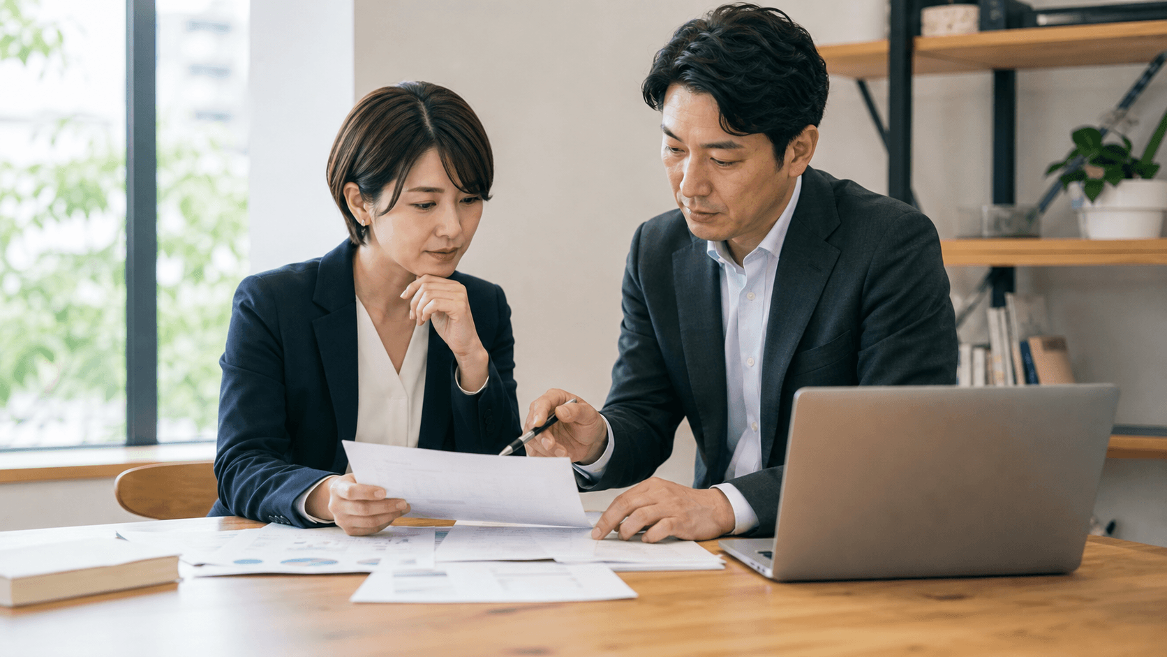 地方企業の担当者2人が、ノートPCと印刷資料を見ながら、生成AI研修前に社外文の確認方針を相談している様子