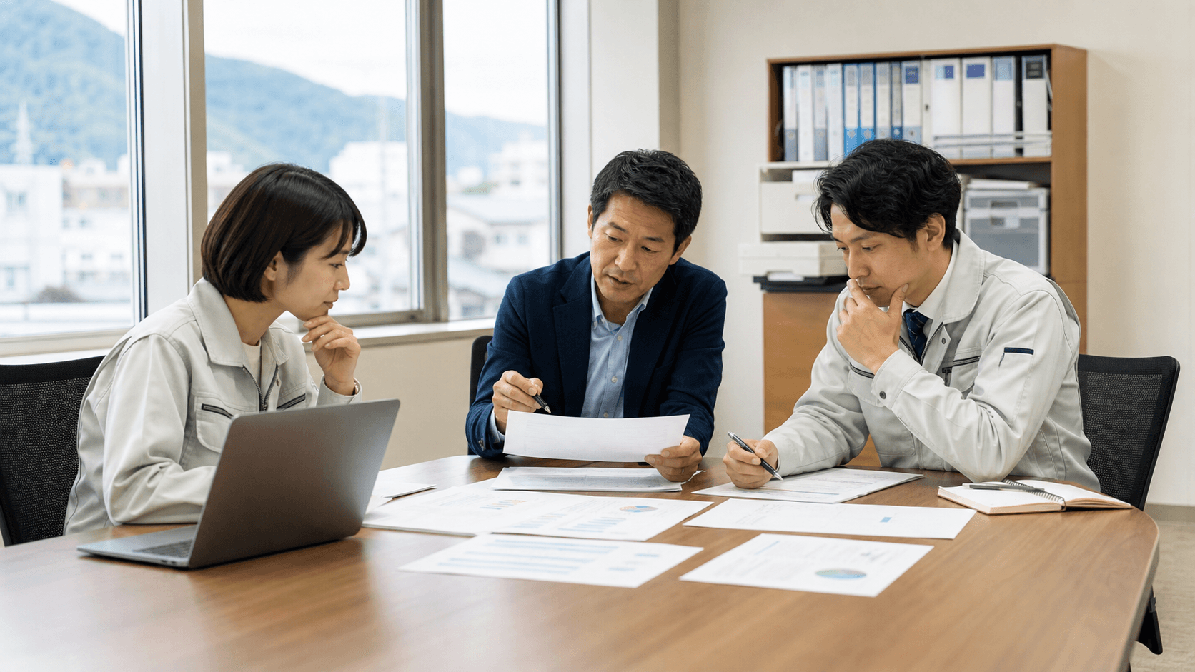 地方企業の会議室で、管理職と担当者がノートPCと印刷資料を見ながら、生成AIの出力を公開前に確認する観点を整理している様子