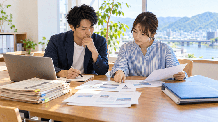 明るい事務所で、二人の担当者がノートパソコンの横にある資料を整理し、現在の情報と古い資料を見比べている様子