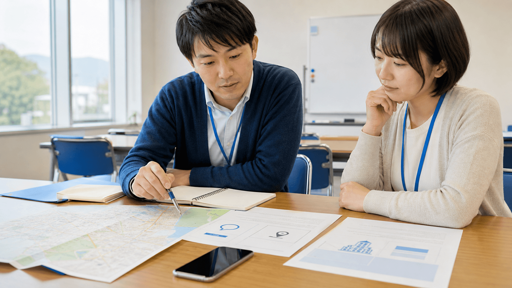 地域の事業者2人が地図とノートを机に広げ、ホームページに書く対応範囲を打ち合わせている様子