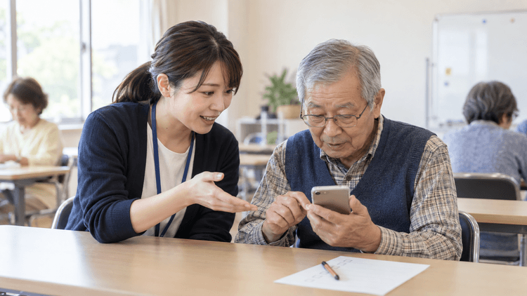 地域のスマホ教室で、講師が参加者本人のスマートフォン操作を横から説明している様子