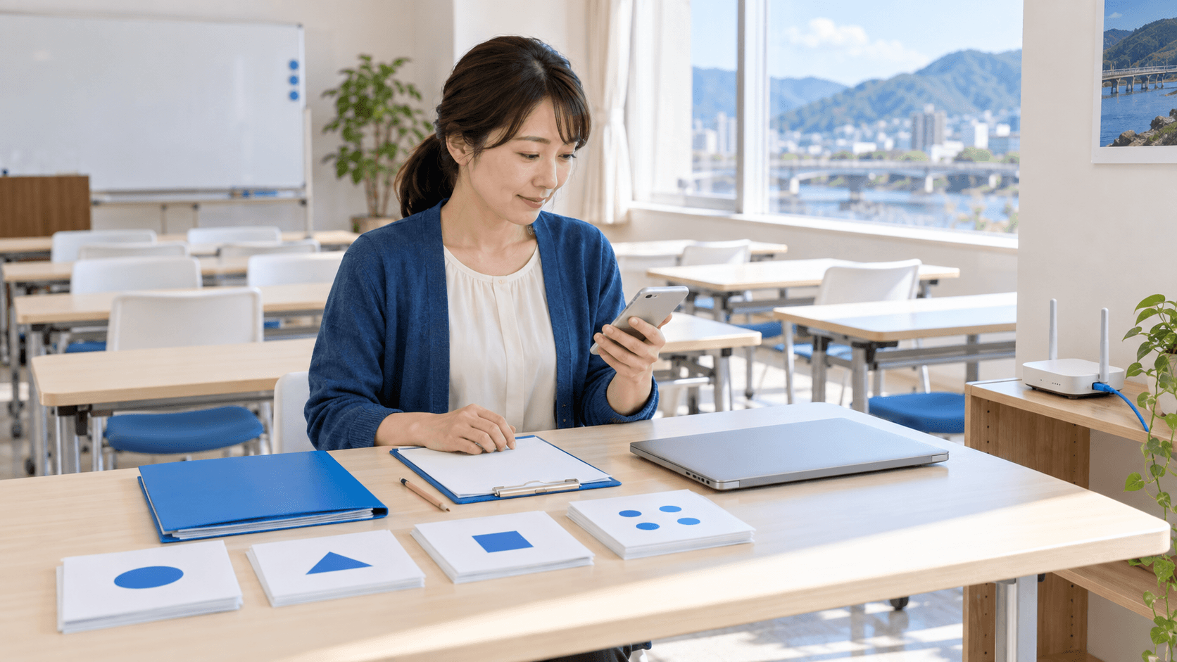 地域の教室で講師がスマートフォンを確認し、机に紙の教材と青いファイルを準備している様子