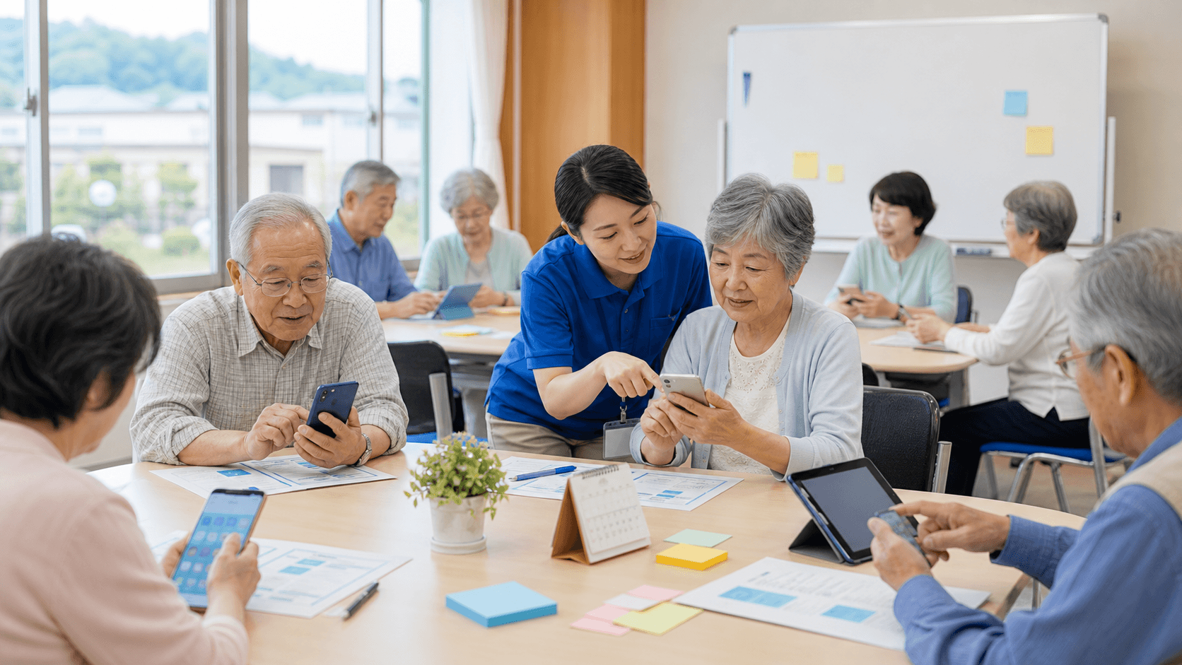地域の教室で講師が高齢者にスマートフォン操作を教えながら講座後の相談導線を整理している様子