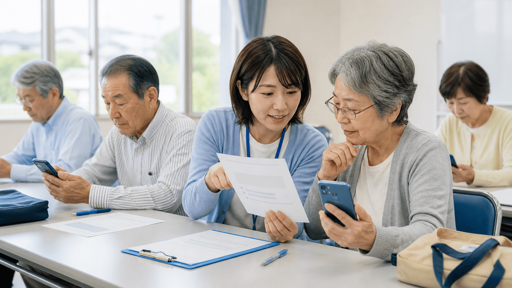 地域のスマホ教室で、講師が高齢の参加者にスマートフォンと持ち帰り用の紙資料を並べて説明している様子