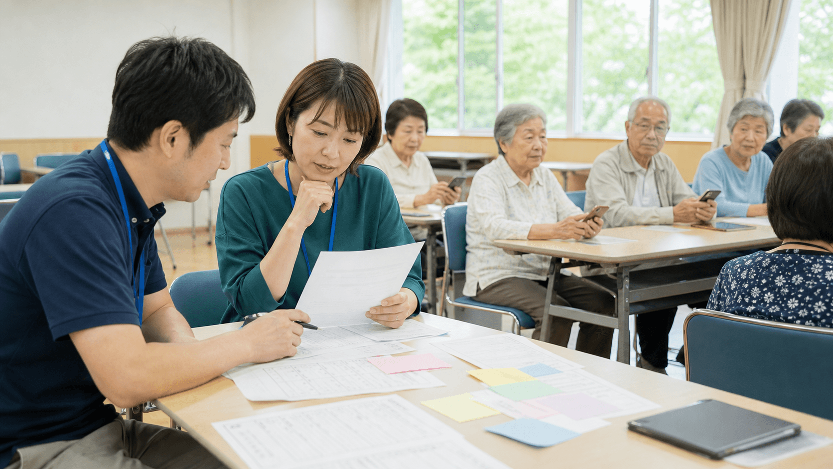 地域のスマホ教室が始まる前に、受付担当の2人が参加者の申込内容を見ながら支援内容を整理し、後ろで高齢の参加者がスマートフォンを持って待っている様子