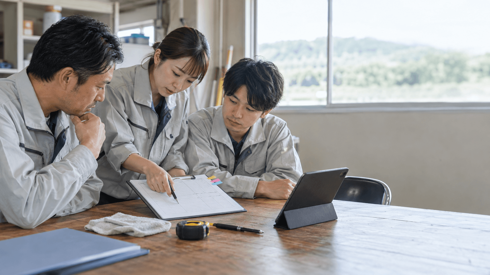 地方企業の作業場で担当者3人が紙の点検表とタブレットを並べて記録項目を確認している様子