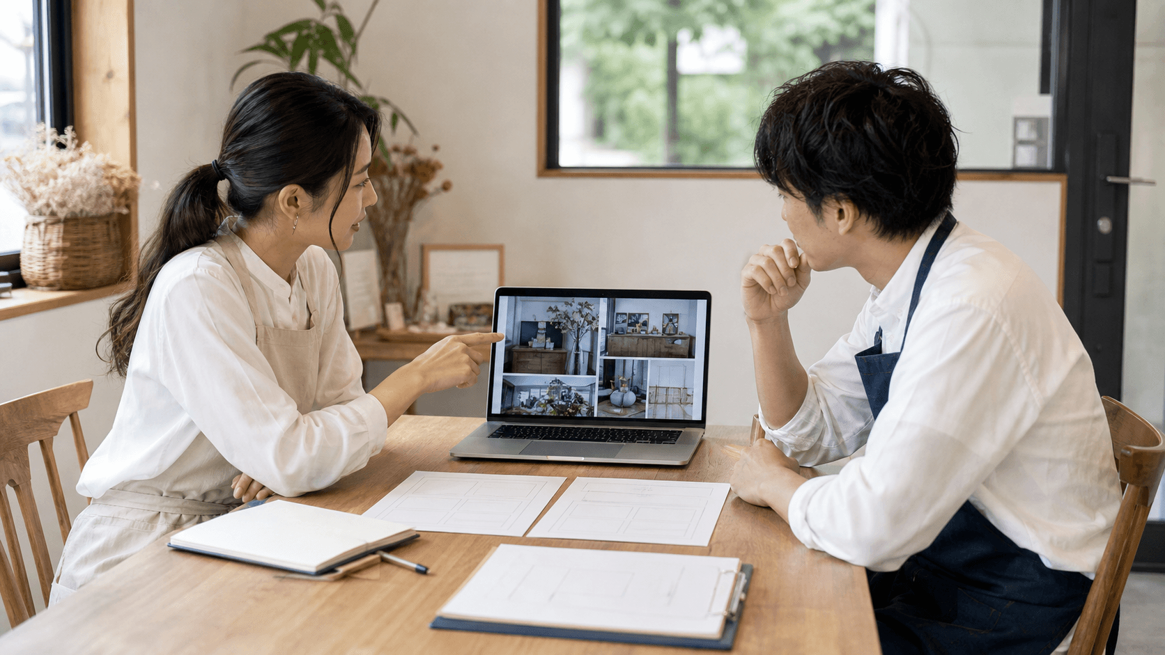 地域の店舗担当者2人が、写真中心のWebページをノートPCで見ながら、案内内容の優先順位を相談している様子