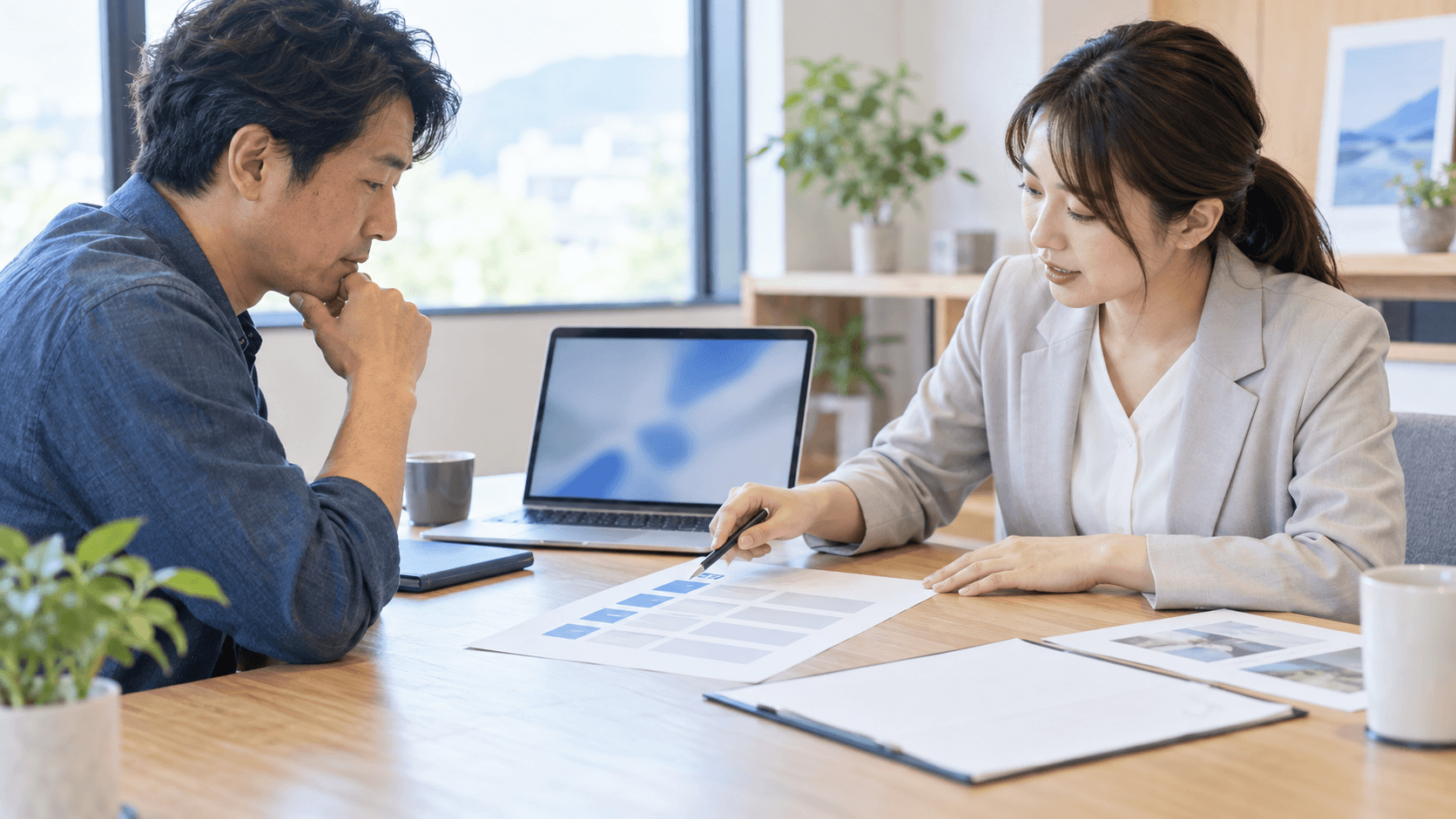 明るい打ち合わせ室で、事業者とWeb担当者がノートパソコンと項目を整理した資料を見ながら相談している様子