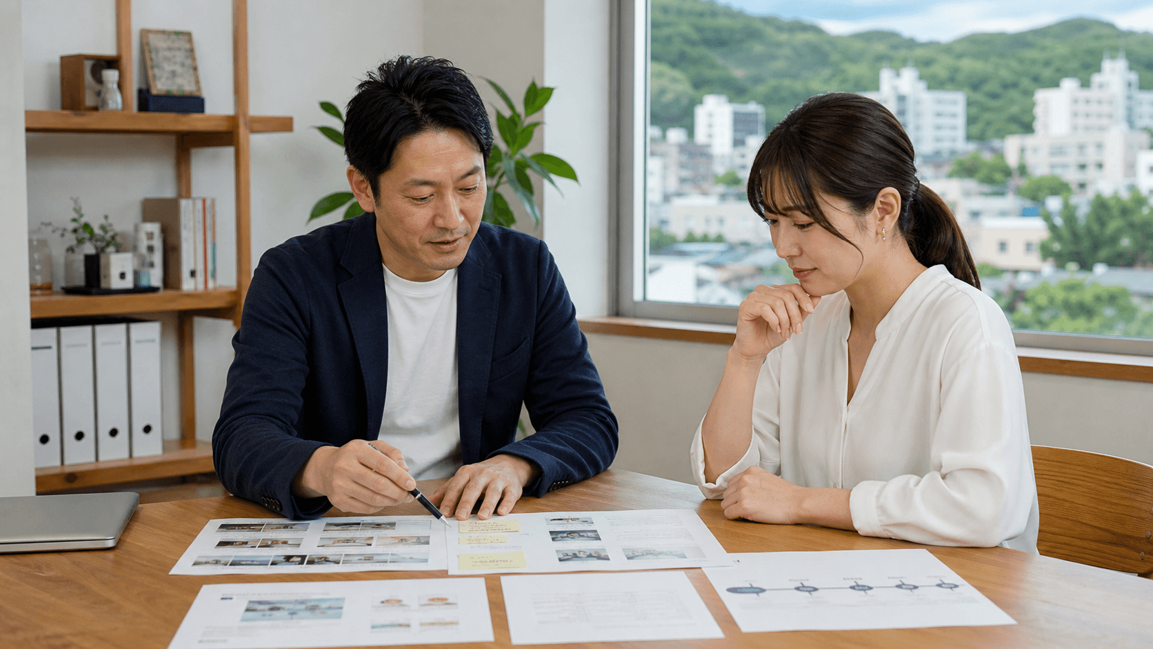 地方の小規模事業者の担当者がサービス内容と問い合わせ導線の資料を机に広げ、ホームページ改善の優先順位を確認している様子