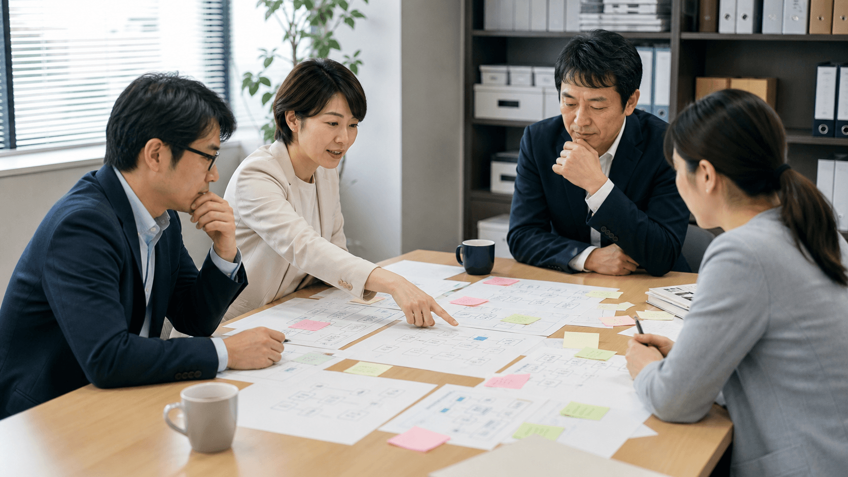 会議室で業務の流れを整理した紙資料を見ながら、生成AI導入の順番を検討する地方企業の担当者たち